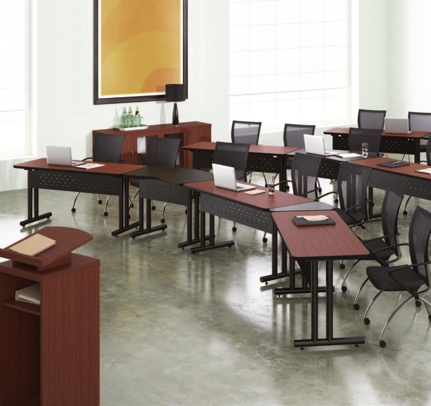 meeting plus Meeting Plus Tables in Cherry/Black with Black/Black Pie Connectors and Transition Tables. Shown with Aberdeen Low Wall Cabinet and Lectern, and Valoré TSH1 Chairs (see page 15).