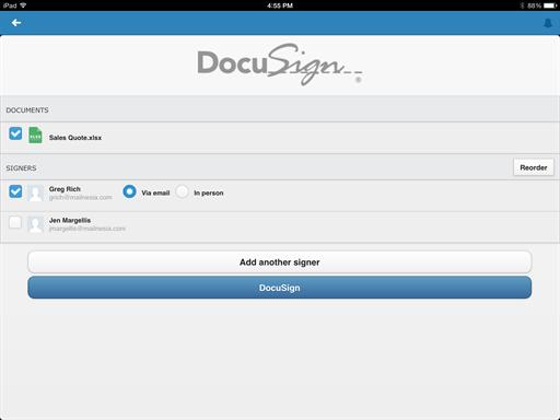 31 Selecting documents and signers Using the DocuSign action, you can use the Salesforce1 mobile app to send documents for signature with DocuSign, either by email notification or using in person