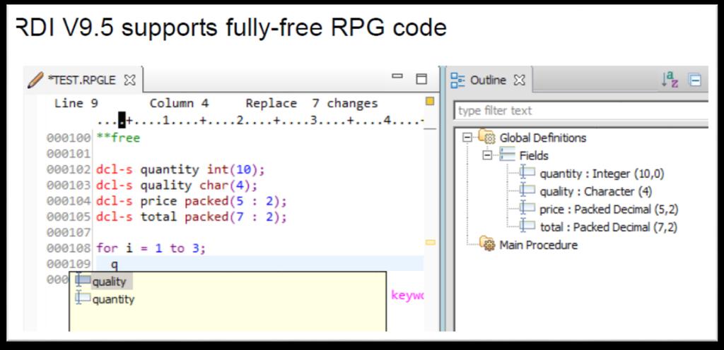 Fully free-form RPG 支持源码从第一列到行末, 对源码行的长度没有实际的限制 所有在 **FREE 的源文件中的代码必须是自由格式的, 如果需要任何固定格式的代码, 需要放入 /COPY 的源文件中, 这类源码总是被视为是长度有限制的源码除非其在首行是 **FRE