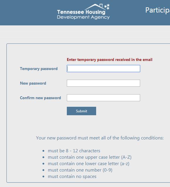 Enter your temporary password Create and Confirm your new password