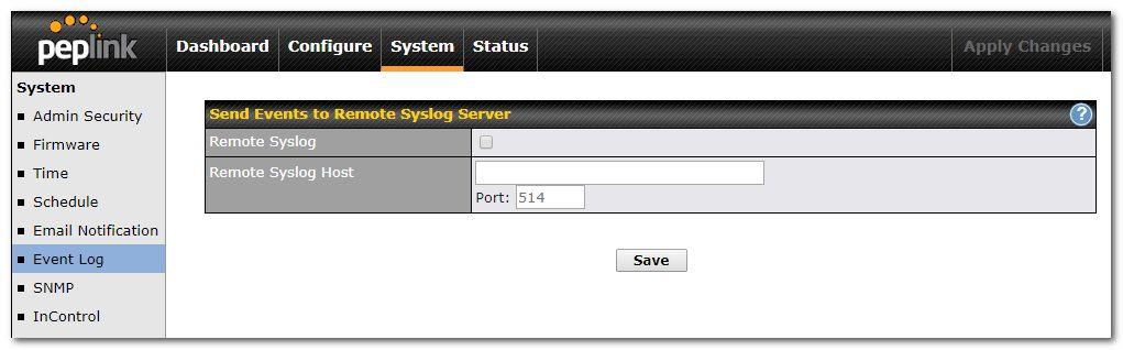 Standalone menu options > System > Event Log Remote Syslog allows syslog messages to be sent to a specified remote syslog server.