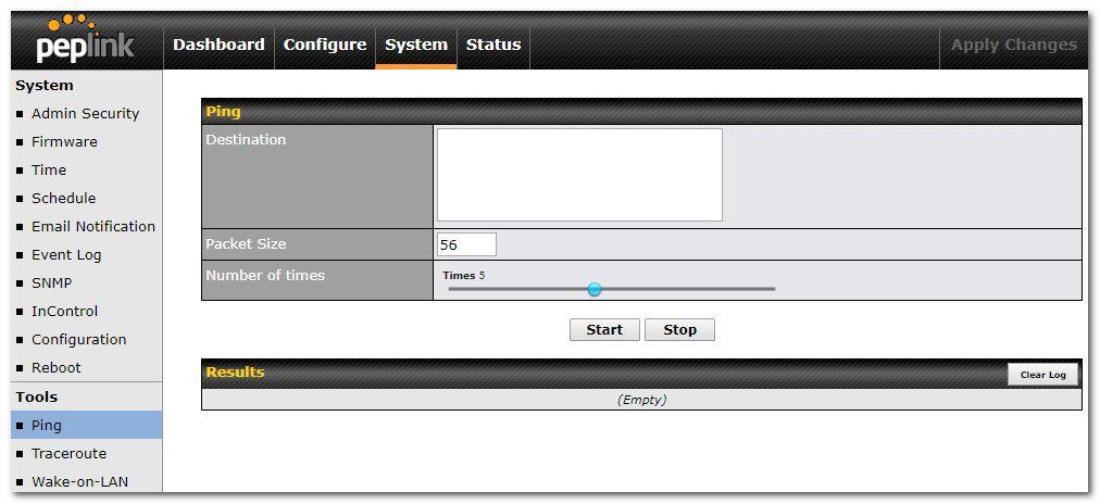 Standalone menu options > System > Tools Ping The ping test tool sends pings through a specified Ethernet