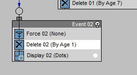 Drag and drop a delete below the new force in Event 02, and change its parameters to By Particle Age, and