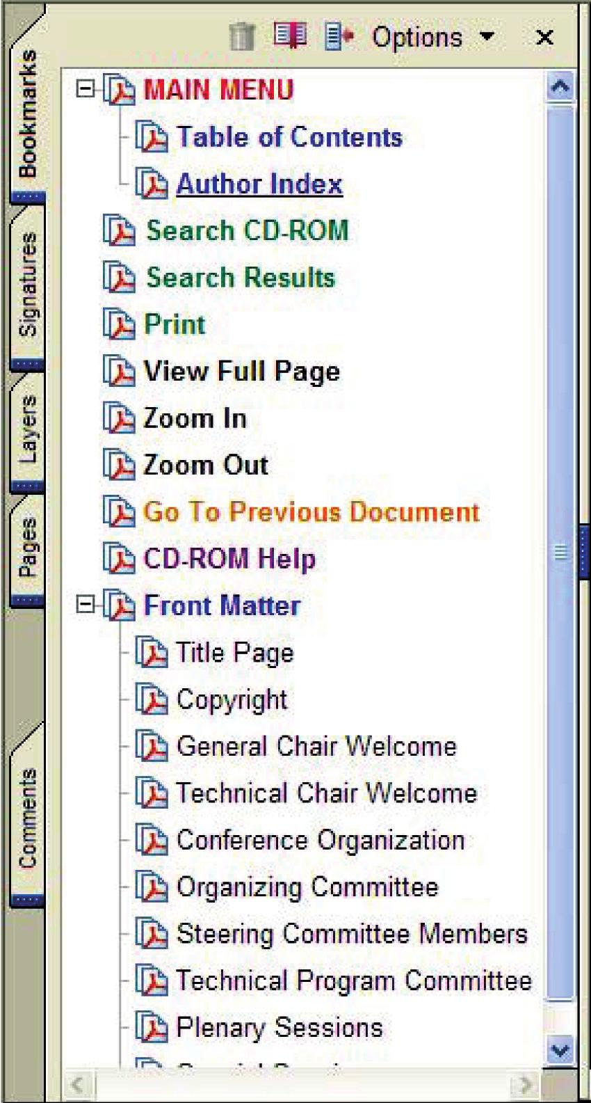 A panel opens on the left side of the screen displaying bookmarks in a hierarchy.