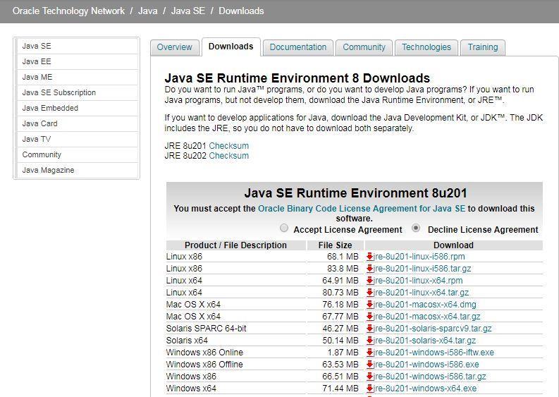 Clicking on this link brings up the Oracle web page for downloading JAVA. If more than one version of JRE is available on the website, please download the latest version.