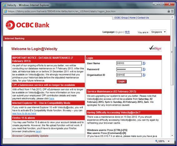 com > Click on Login to Velocity@ocbc Enter