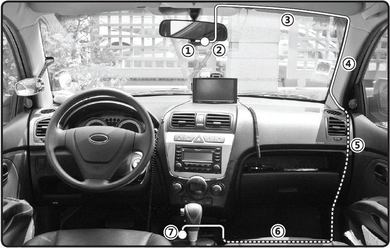 Connecting the NAV-502FHDI in the Car The above wiring diagram shows a left hand drive vehicle. Wiring path is only a suggestion. 1. device mounted behind the rear vision mirror. 2.