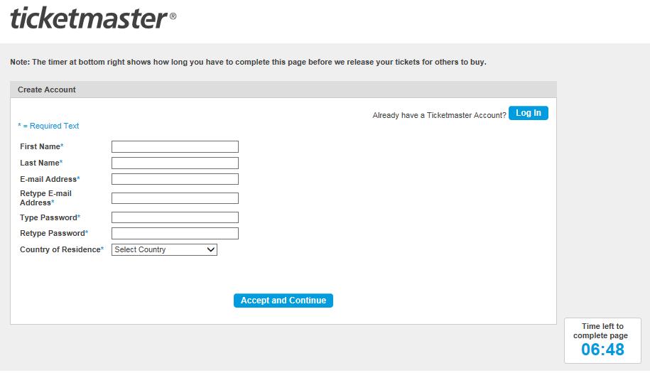 If you have not used Ticketmaster previously, you should select Create Account.