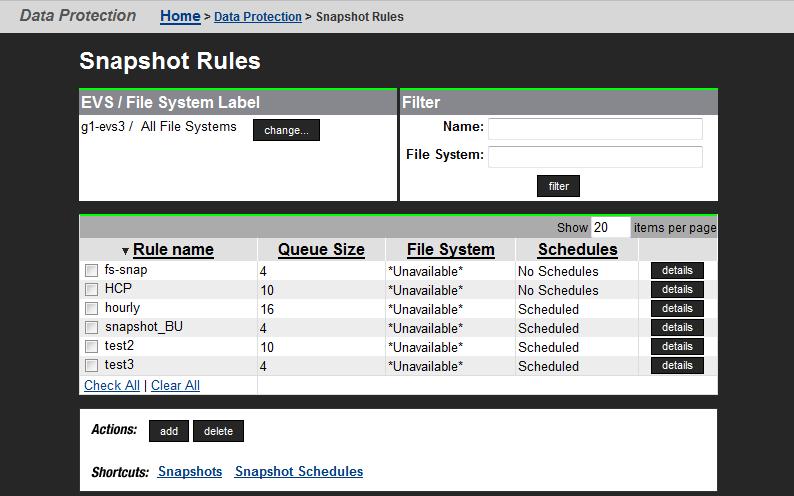 Managing snapshot rules Snapshot rules define scope (that is, what file system), while snapshot schedules define frequency.