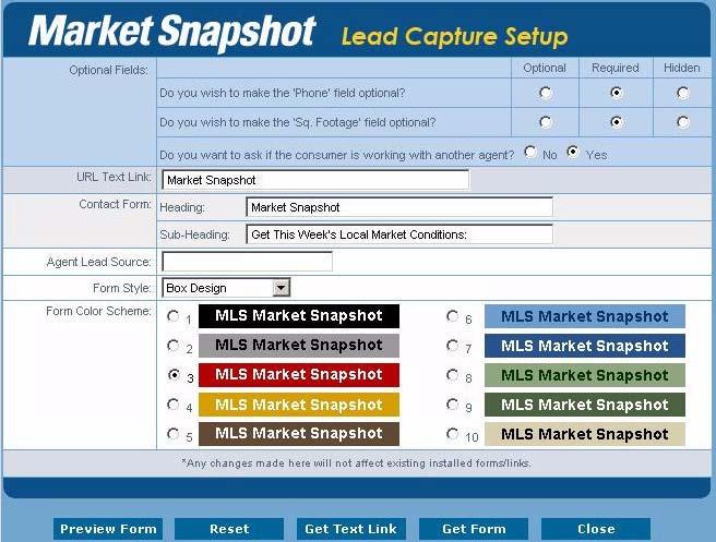 Adding Market Snapshot as an External Link To add Market Snapshot as an external link: 1 From the Control Panel, select Leads > Lead Capture Setup. The Lead Capture Setup screen appears.