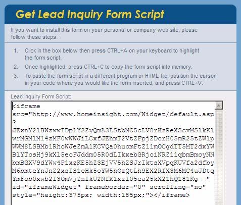 3 Click on Get Form. The Get Lead Inquiry Form Script screen appears.
