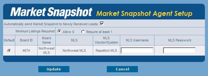 Setting up your MLS Data To set up the Market Snapshot so that it uses MLS data: 1 From the Control Panel, select Market Snapshot > Market Snapshot Setup.