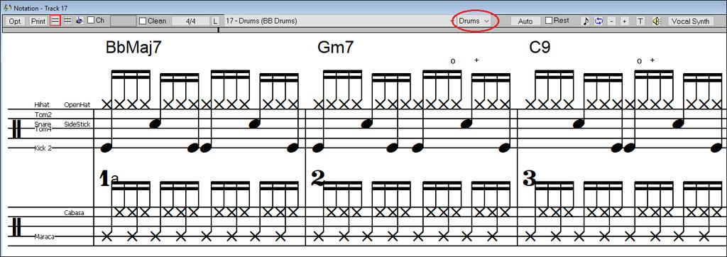When the track type is set to Drums, you can enter drum notation to the track.