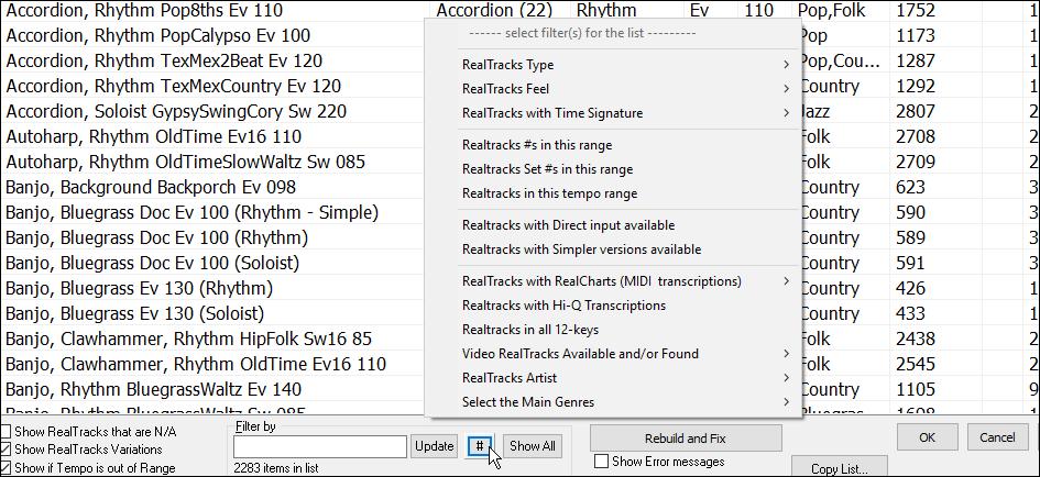 SuperTracks A useful filter [#] button has been added in RealTracks