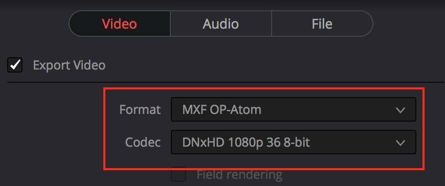Choose Video Format MXF OP-Atom Codec DNxHD 1080p 36 8-bit if you are doing a