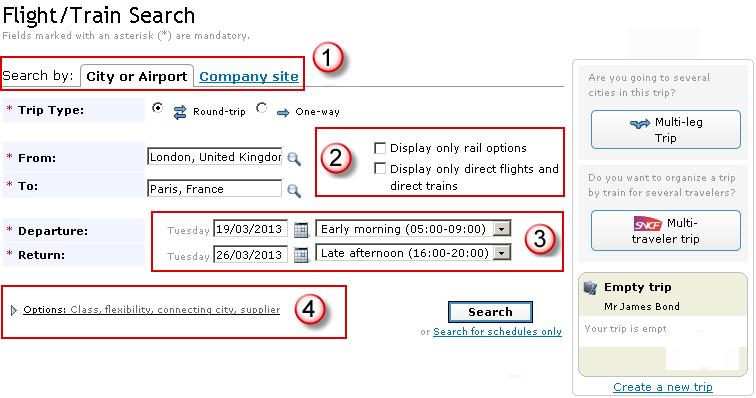 Find a Flight or Train Search form The layout of the search form allows you to enter precise search criteria for more appropriate search results. 3.