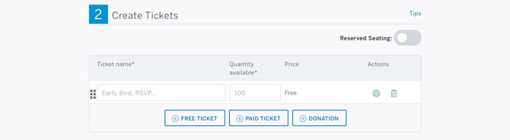 Step 6: Click the Free Ticket button. Ticket Name (i.e. Sidewalk Talk Atlanta). Enter the # of tickets you want to make available for this event. You can pick any #. The ticket price is Free.