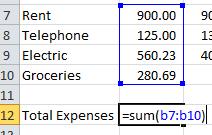 Look at the following examples for January: For Total Expenses, our formula in cell B12 will be as follows: 9 =sum(b7:b10) Note the equal sign, name of formula, and continuous cell reference with the