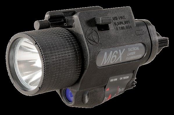 The M6X features a Xenon bulb protected by a Shock Suppression System that delivers a peak output of 125+ lumens, and a red, class IIIa visible laser with a range of 200 meters that is adjustable for