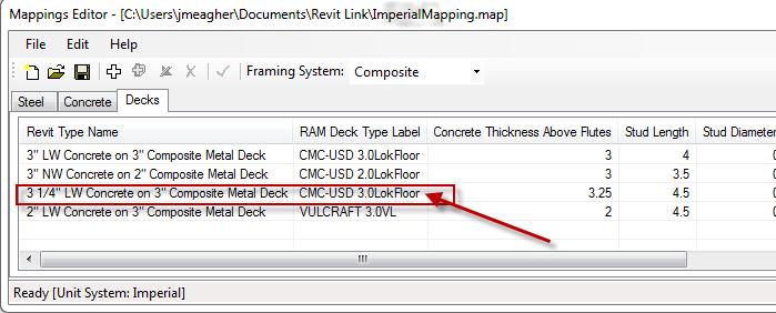 example if I have a Revit slab that is a 3 composite deck with 3 ¼ of lightweight concrete I want to be sure that I am mapping that slab type in Revit to the CMC-USD 3.