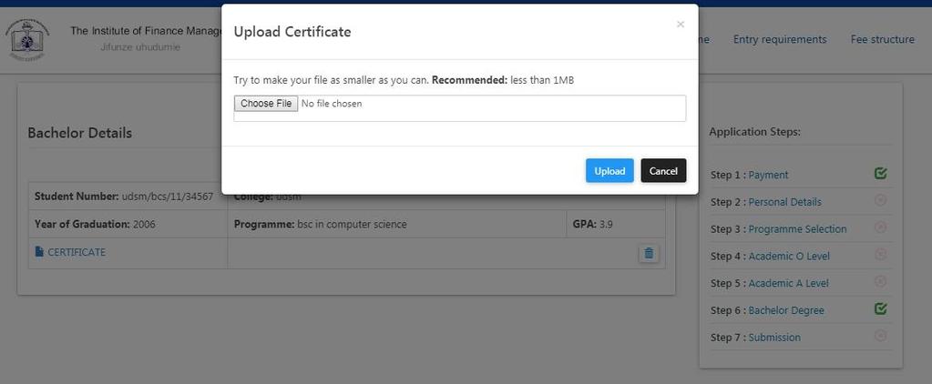 Snapshot 12: upload certificate STEP 9: Application Submission After you have successfully filled all the required