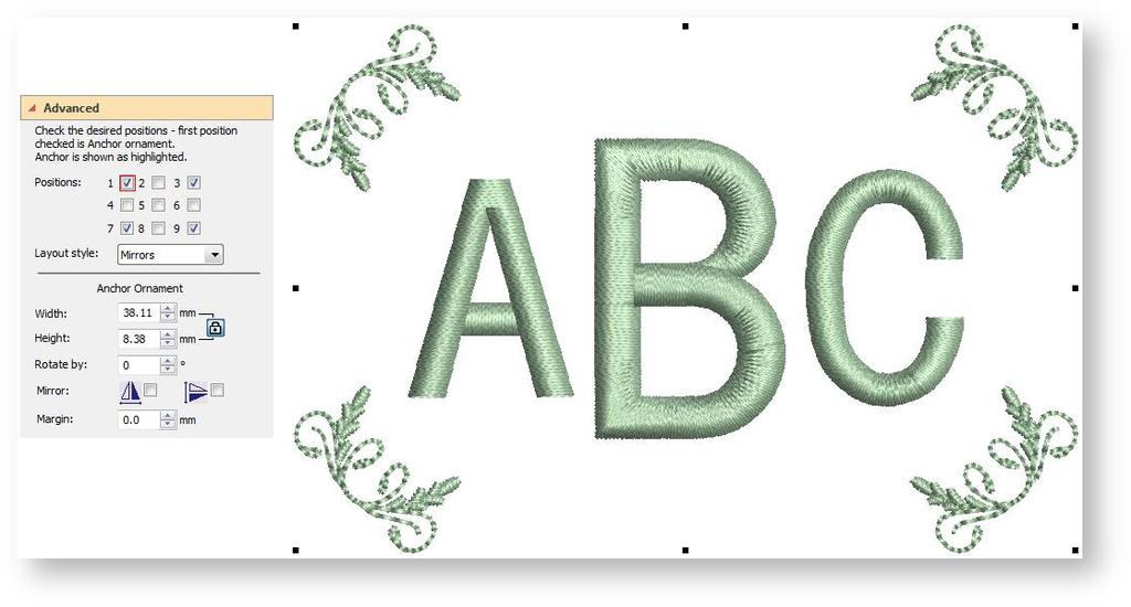 Monogram ornaments The first selected serves as the anchor position (highlighted in red). All other ornaments are sized, rotated and mirrored in relation to it.