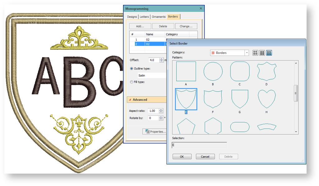 Monogram borders MONOGRAM BORDERS You can add up to four borders of the same shape to a monogram design. The Create Border function allows you to create your own borders for use in monograms.