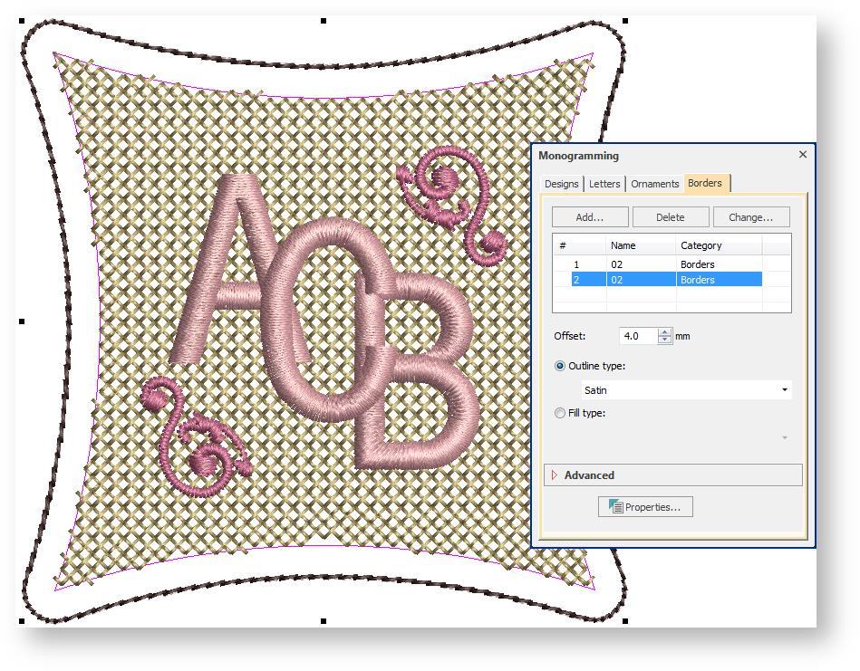Monogram borders The software lets you enter a negative offset. This allows you to create multiple overlapping borders.