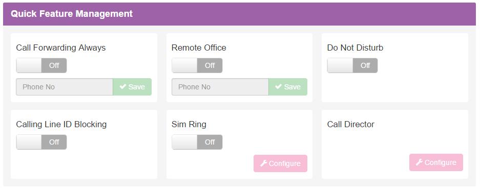 Quick Feature Management Quick Feature Management allows you quick access to the most commonly used features: Call Forwarding Always: Call Forwarding Always (CFA) feature provides the capability to