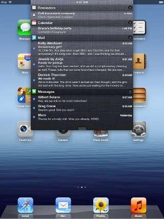 Notifications Notification Center displays all your alerts in one place, including alerts about: Reminders Calendar events New mail New messages Friend requests (Game Center) Alerts also appear on