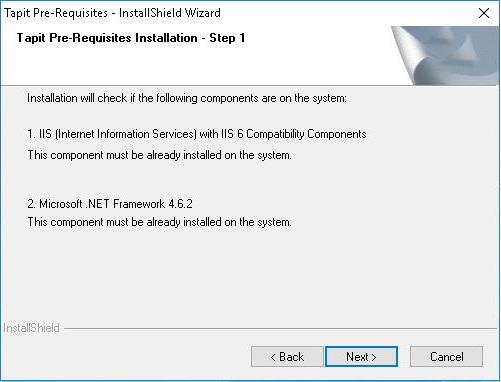6. If all required components are found, the Tapit 6 Prerequisites Installation Step 2 Details screen is
