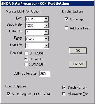 If Tapit 6 is collecting SMDR data via COM Port, open Settings/Com Port on the Trisys SMDR Service Manger screen.
