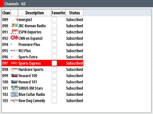 The radio channels list The channels list displays all available Sirius channels, whether or not you have a subscription for the channel.