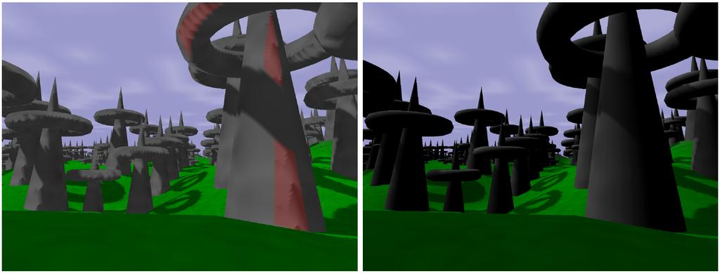 Figure 11: Projective aliasing artifacts in an outdoor scene (left), artifacts hidden by diffuse lighting (right). will be discussed with advanced shadow mapping techniques in the next section.