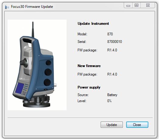 A new screen appears verifying the instruments current firmware and power status. Select the Update button.