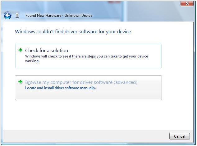 It will NOT find the driver and show you this next dialog: