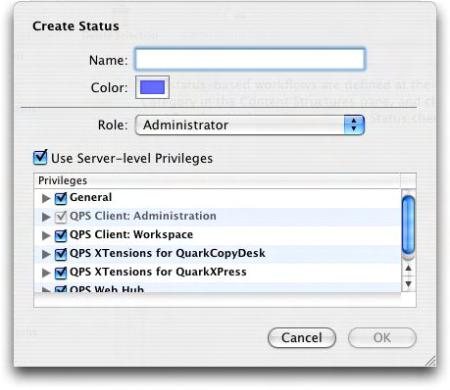 Use the Create Status dialog box to specify the name, color, and role privileges for a new status. 3 Enter a name for the status in the Name field.