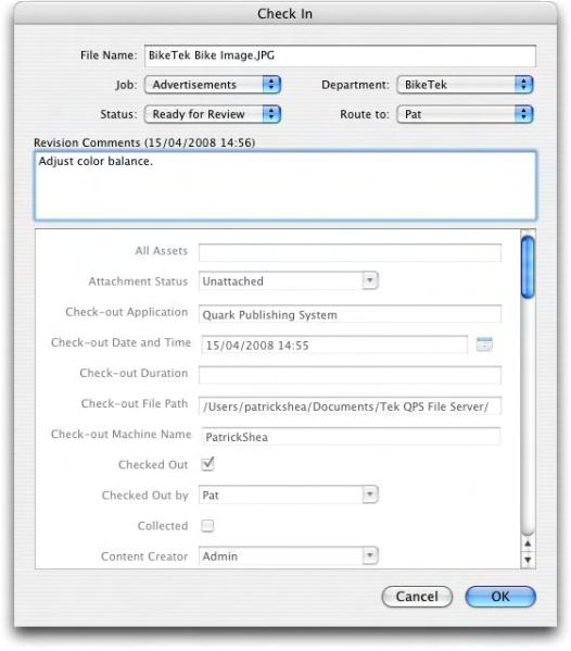 3: QPS CONNECT CLIENT TASKS Use the Check In dialog box to add an asset to QPS Server (or return a checked-out asset to QPS Server control).