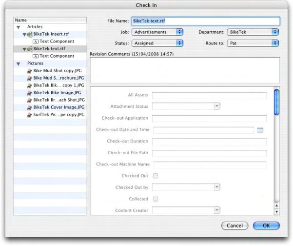 3: QPS CONNECT CLIENT TASKS The Check In dialog box lists the assets on the left. Articles, pictures, and other files are listed in separate groups.