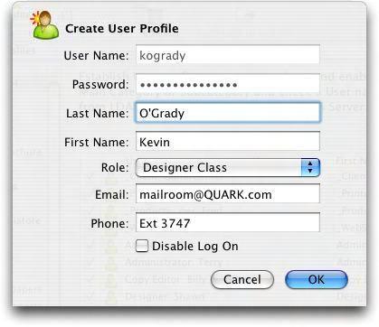 In the Create User Profile dialog box, enter a user name and password, enter the user's last name and first name, choose a role, and enter the user's e-mail address and phone number.
