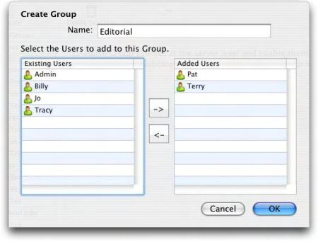 The right column displays the list of groups defined for the server. Use the Administration: Groups screen to create, edit, and delete groups of users.