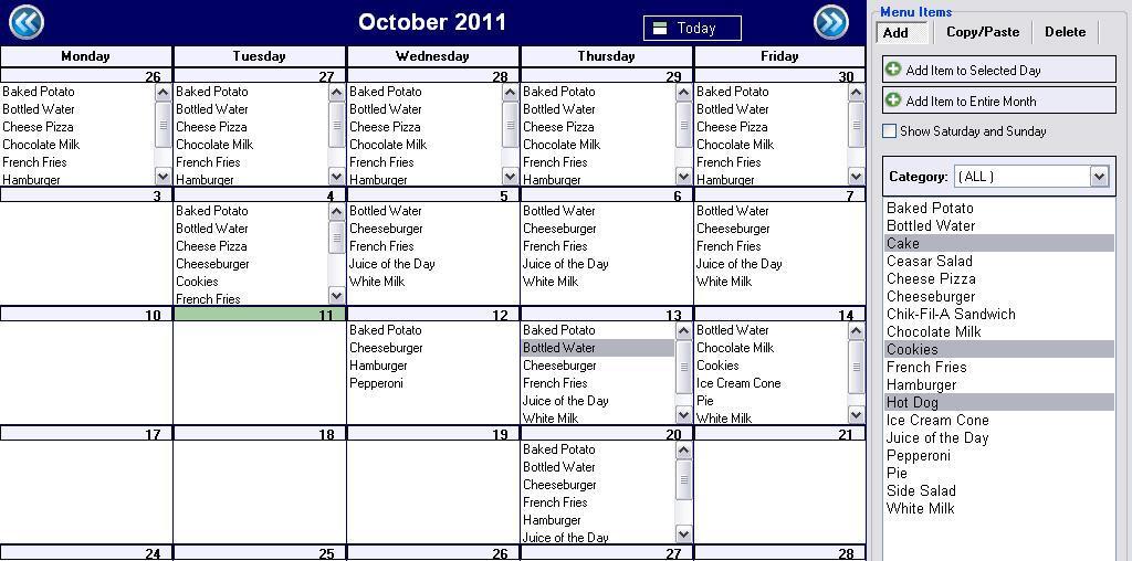 Figure 9: Lunch Calendar To copy menu items by day: 1. On the Home screen, click Lunch. 2. Click Lunch Calendar. 3.