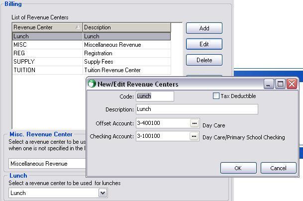 9. Click Revenue Centers. 10. Click Add. 11. Enter the Code. 12. Enter the Description. 13. Select the Offset Account. 14.