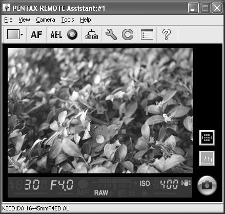 Virtual Viewfinder Display Area 13 Focusing area indicator (AF Point) Focusing area display button Histogram button Remote release button Captured image Viewfinder shooting information The image