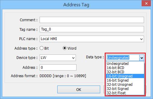 6. The [Data type] can be specified when creating an address tag and select [Word] in [Address type].