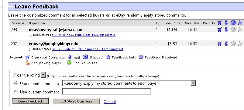 Sold View: Sending Feedback Leave individual feedback from Sold or Archived views or sales record Leave
