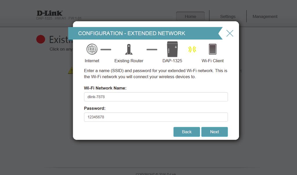 Section 3 - Configuration If a connection is successfully established you will be prompted to configure your extension network settings. The default network name and password will be displayed.