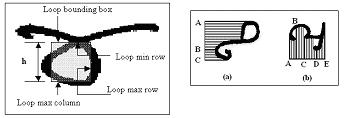 loops, their height, their area, and their positions in the character. The maximum of height and width of a loop is computed.