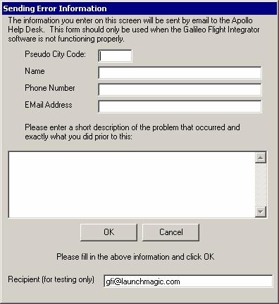 Error Message: Sending Error Information Click OK Click Cancel Click OK to send the error report after filling in the required fields.