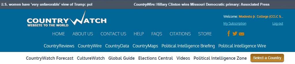 CountryWire and Political Intelligence Wire modules. The quickest way to access country reports is through the gold Select a Country button on the bottom right of the header.